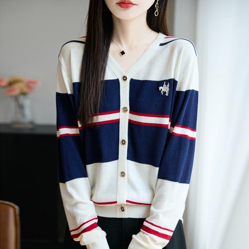 2026 Autumn Women's Striped Embroidered Wool Knit V-neck Cardigan Sweater, Korean Style