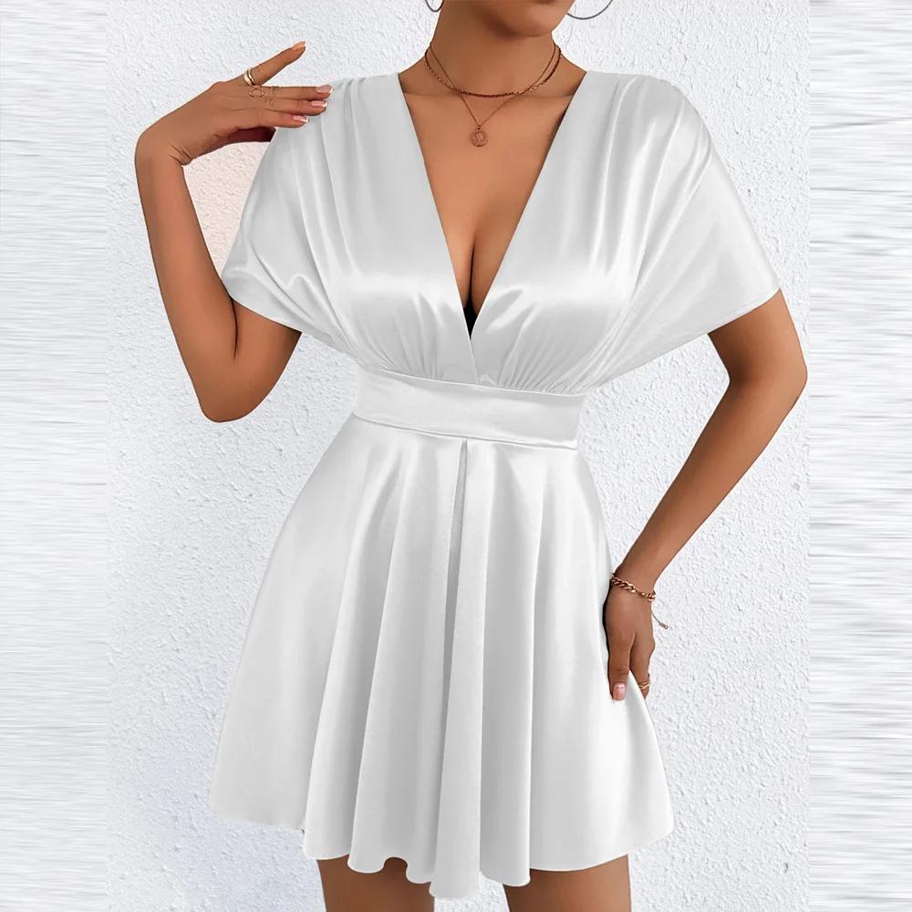 Low Cut V Neck Sexy Fashionable Dress Elegant Waist Cinched Summer New Arrival Women's Clothing Short Sleeveless Dress