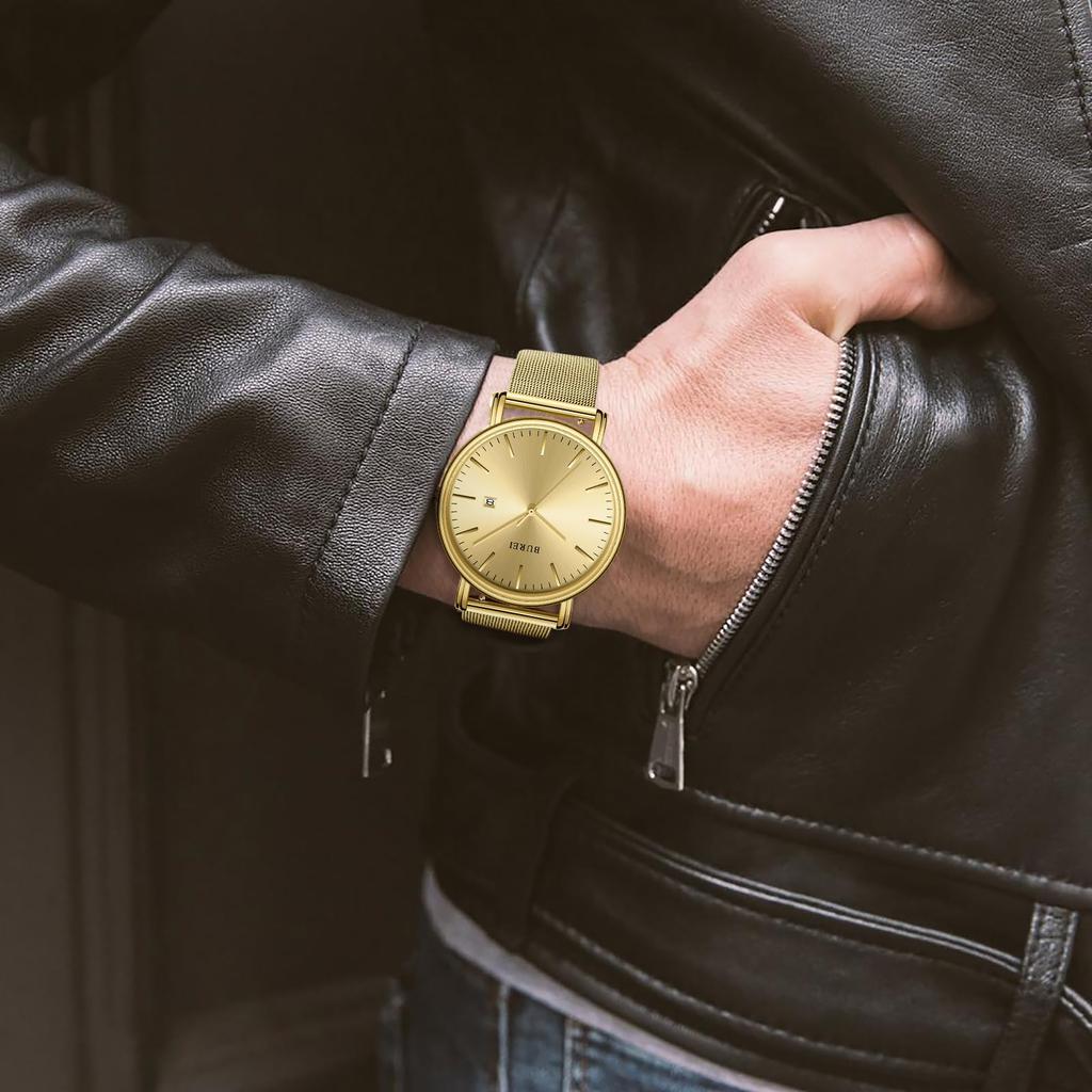 BUREI Herrenuhr, Einfach, Wasserdicht, Analog, Beliebt, Stilvoller Mailänder Stil mit Mesh-Armband und Gold-Armband