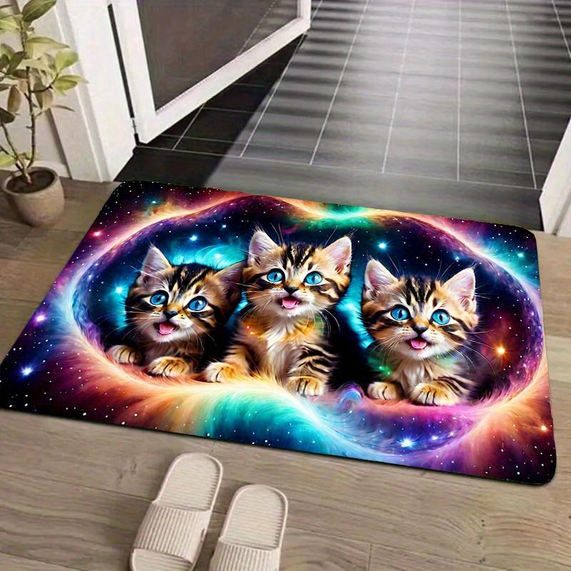 Colorful Galaxy Three Kittens Print Doormat, Non Slip Waterproof Cute Cat Entryway Floor Rug for Front Door Indoor Porch Home Decor