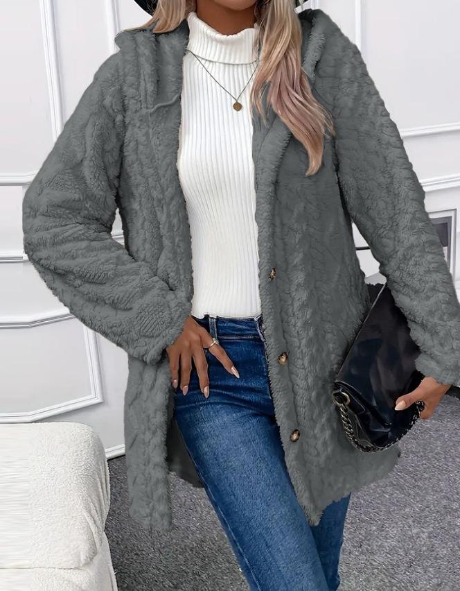 2024 Autumn/Winter Women's Mid-Length Plush Hooded Coat - European & American Style