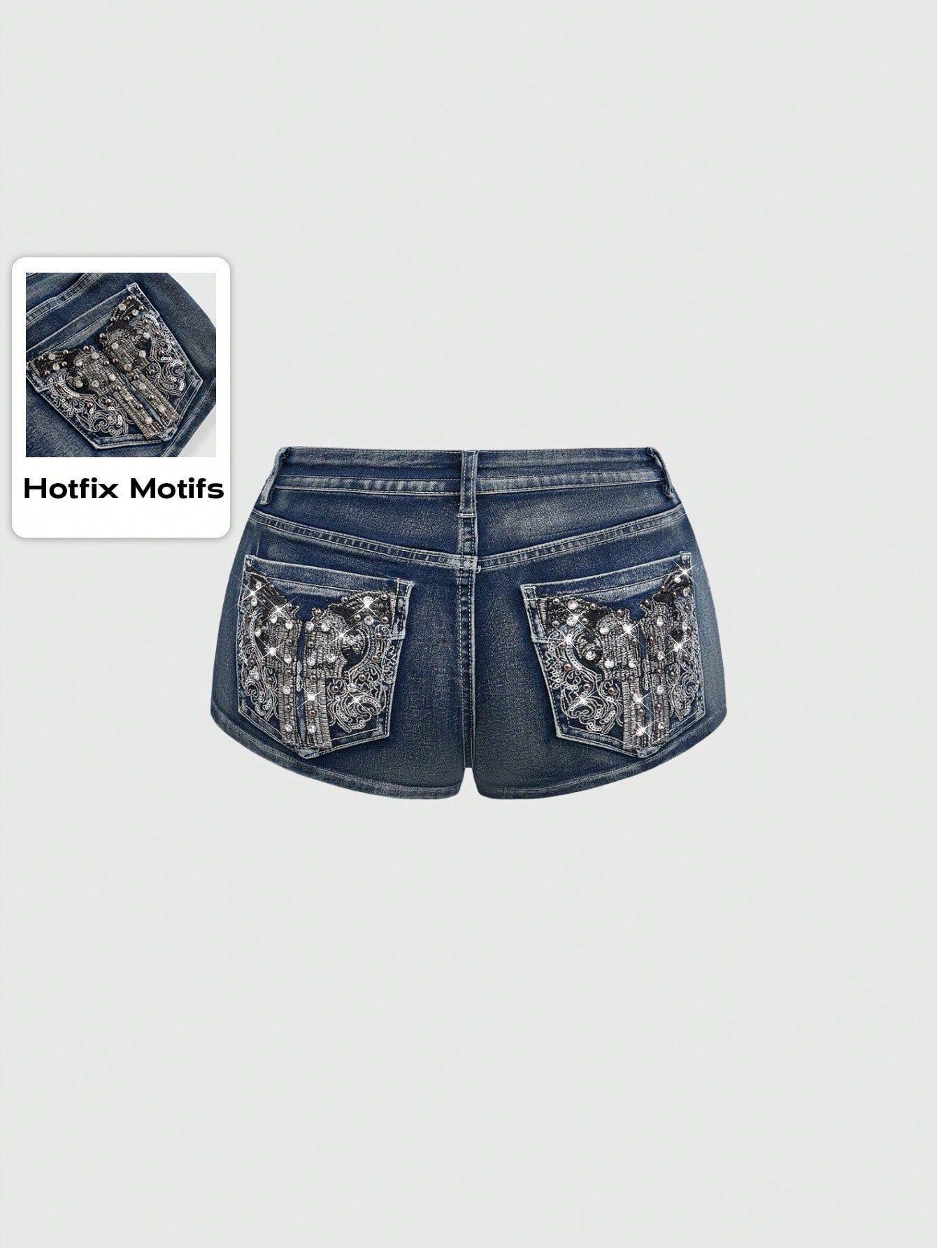 High-Waisted Retro Rhinestone Denim Shorts for Women Medium