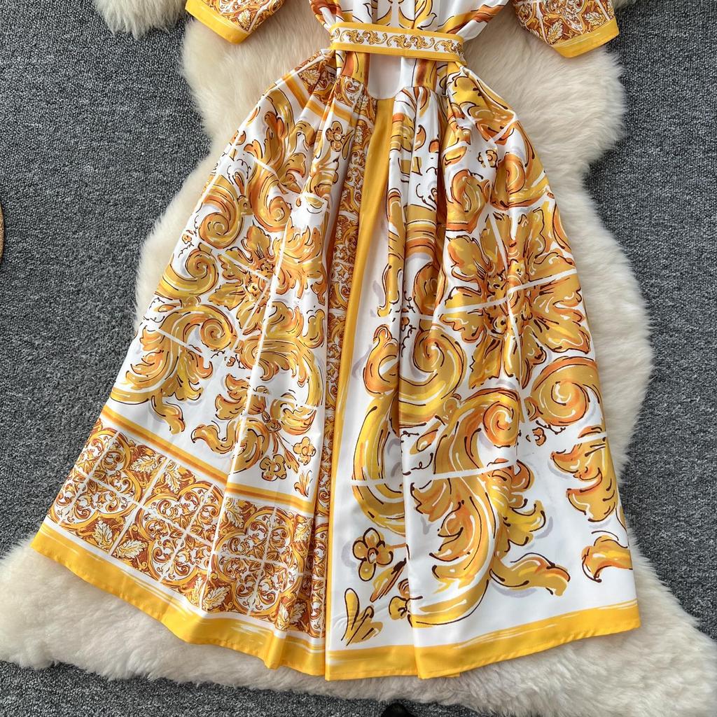 Vintage Red Baroque Print Shirt Dress Women Turn Down Neck Short Sleeve Button Front Belted High Waist Party Vacation Midi Dress