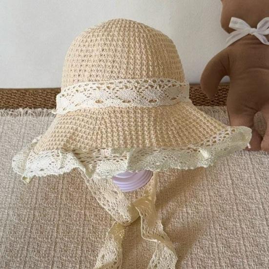 Women Beach Hat Large Eaves UV Blocking Foldable Portable Handmade Straw Hollow Sun Protection Hat with Lace Ties