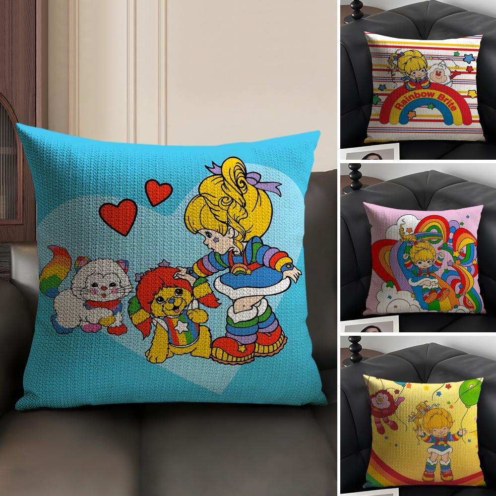R-Rainbows Cute Britee Cartoon Cushion Cover Natural Linen Organic Fabric Double-Sided Printing Sofa Home Decor Gift Pillow Case
