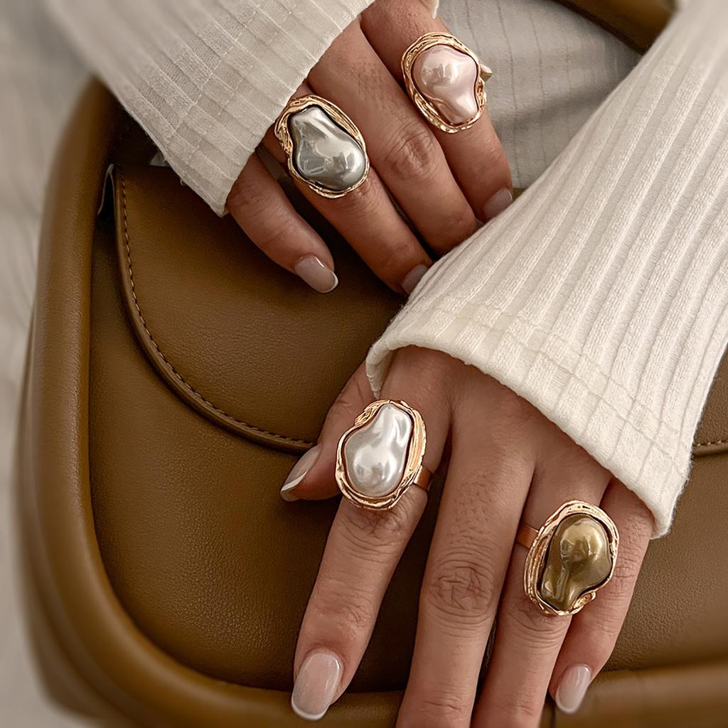 Pink Grey Silver Gold Plated Vintage Colorful Irregular Faux Baroque Big Rings for Women