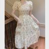 2025 Summer Sweet Floral Pleated Midi Dress - French Gentle Style, Slimming Waist, Mid-Length