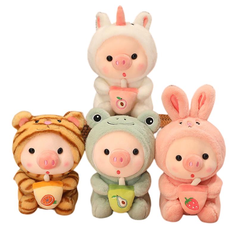 Cute Animal Fruit Boba Tea Bubble Plush Pig Toy Kawaii Sleeping Pillow Cushion Soft Plush Pig Toy