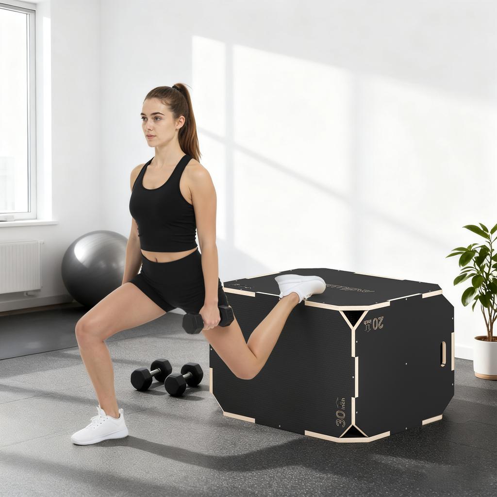 3-in-1 Plyo Box, Jump Box with Handle Openings, for Home Fitness and Outdoor Workouts, 3 Jump Heights, Wood, Black
