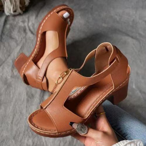Sandali Estivi Nuovi Moda Europea e Americana Tacco Blocco Punta Aperta Donna Bocca di Pesce Fibbia Tacchi Alti Taglie Grandi Scarpe da Donna Commercio Estero