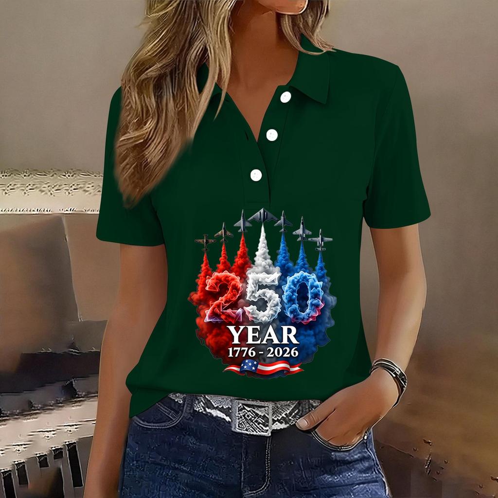 Women's Casual Button Front Short Sleeve Polo Shirt 250th Anniversary Patriotic Print Independence Day T-Shirt Top for Summer