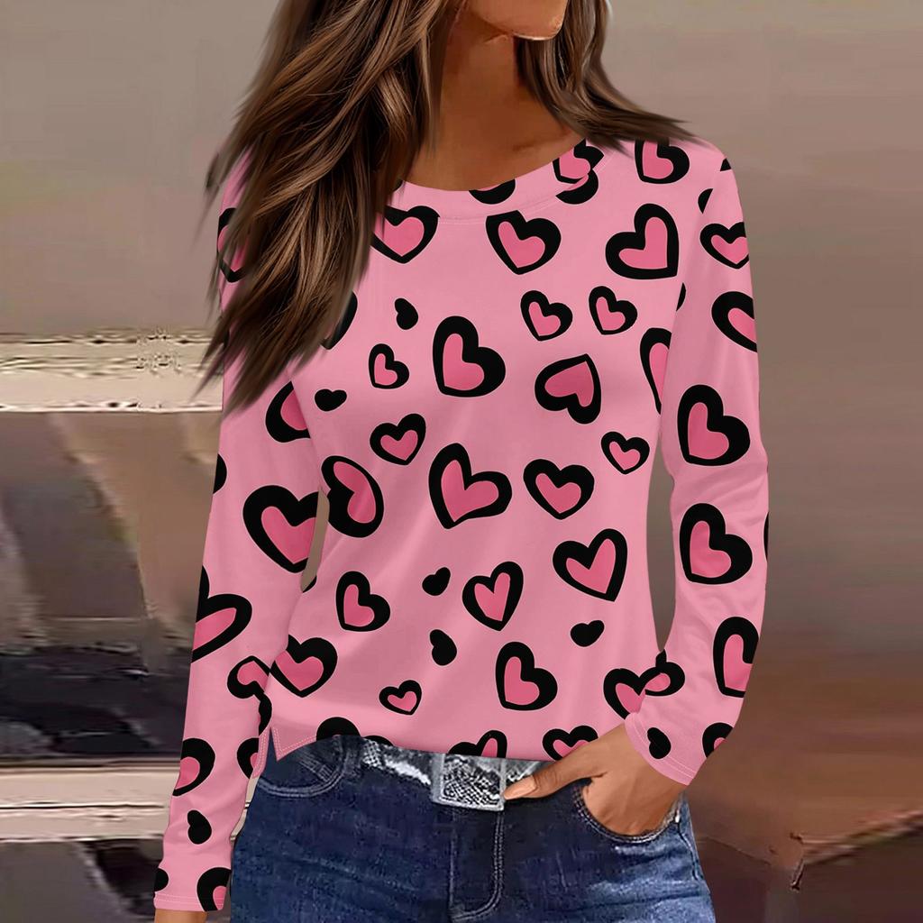 Women's Fashionable Long-Sleeved Round Neck Top with Slit Hem and Valentine's Day Heart Print