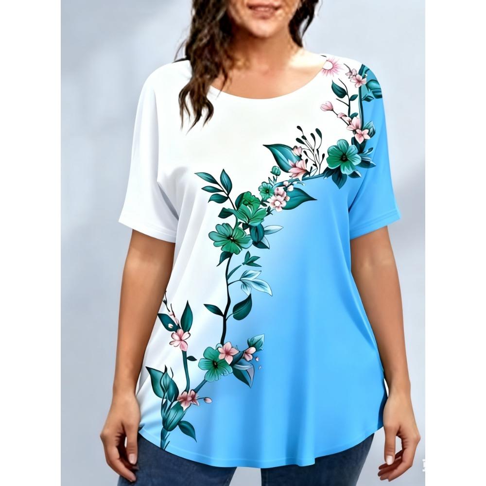 Tricouri de damă mărime mare XL-7XL Tricou de damă cu gât rotund, la modă, cu patchwork floral și imprimeu colorat, cu mânecă scurtă