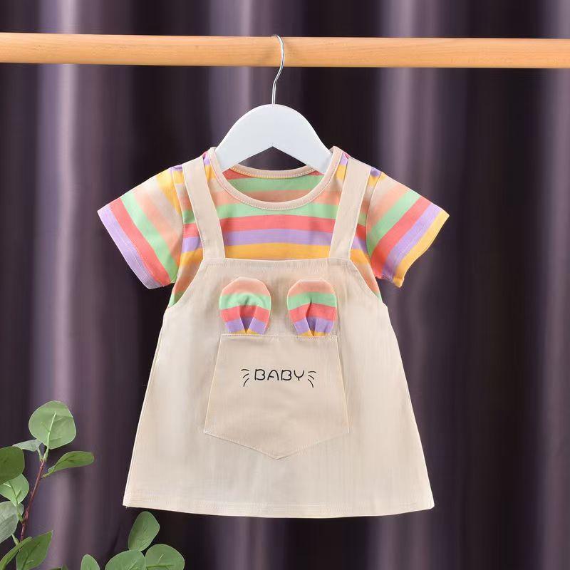 Girls Summer Colorful Striped Dress Short Sleeve Thin Casual Princess Dress 80