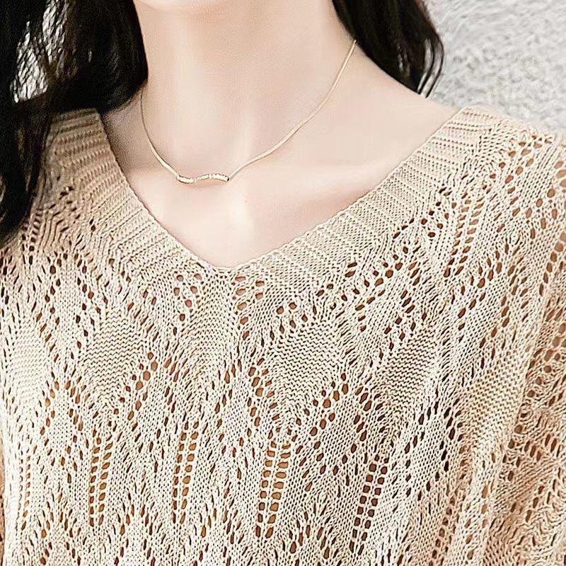 women hollow out knit sweater v neck long sleeve loose fit casual pullover
