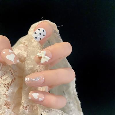 Naked Milk Tea Polka Dot Bow Wearing Nail Art Finished Fake Nail Nail Nail Patch Nail Patch Removable Nail Piece