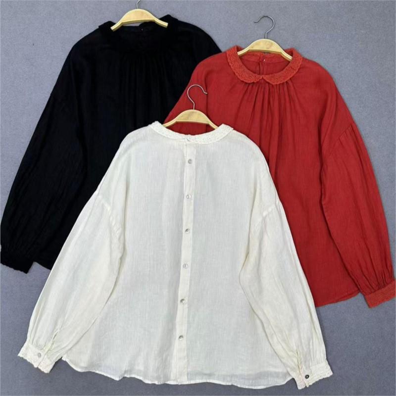 Johnature Thin Lace Trim Shirt Vintage Long Sleeve Top For Spring Autumn Women Shirts