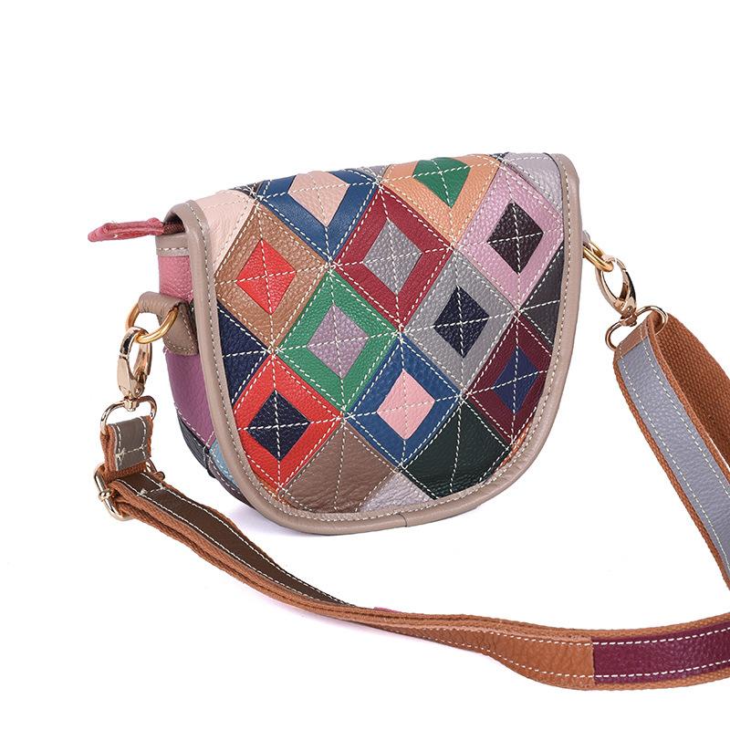 Vintage Genuine Leather Women's Small Bag Color Design Cowhide Ethnic Style Crossbody Bag Saddle Bag Women's Shoulder Bag
