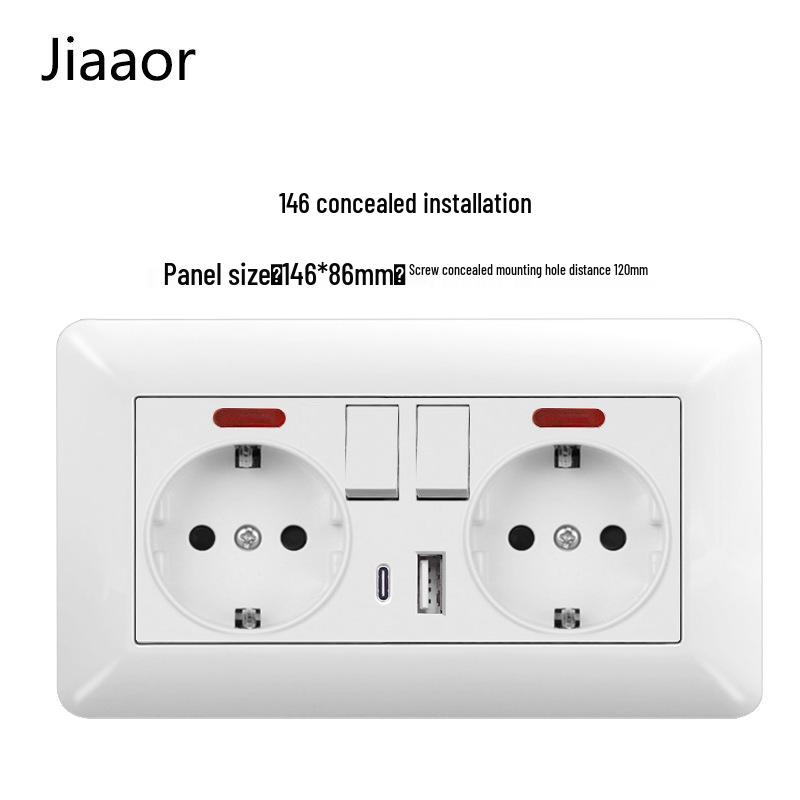 16A White German-Style Double Gang Wall Socket Panel with USB & Type C, European Standard.