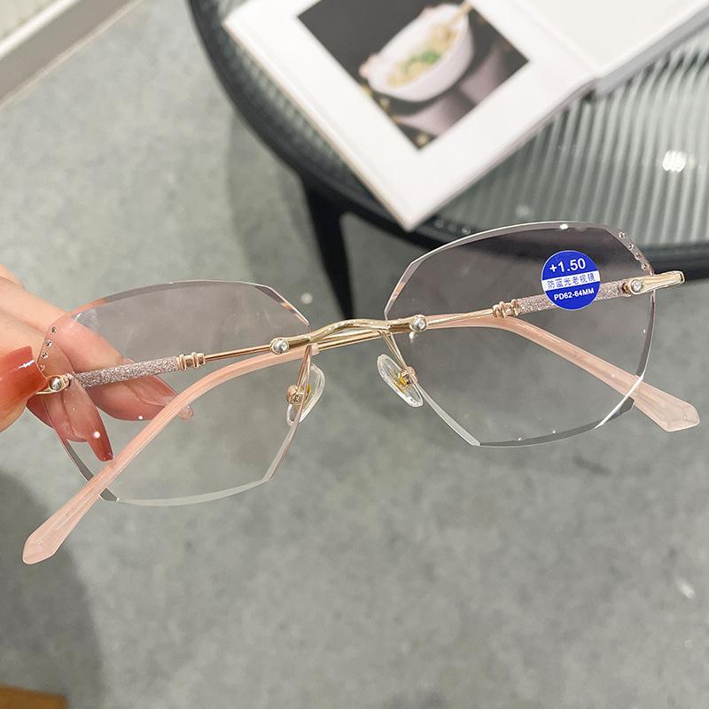 Luxury Women Square Reading Glasses Anti Blue Light Rimless Diamond Cut Far Sight Eyewear Presbyopia