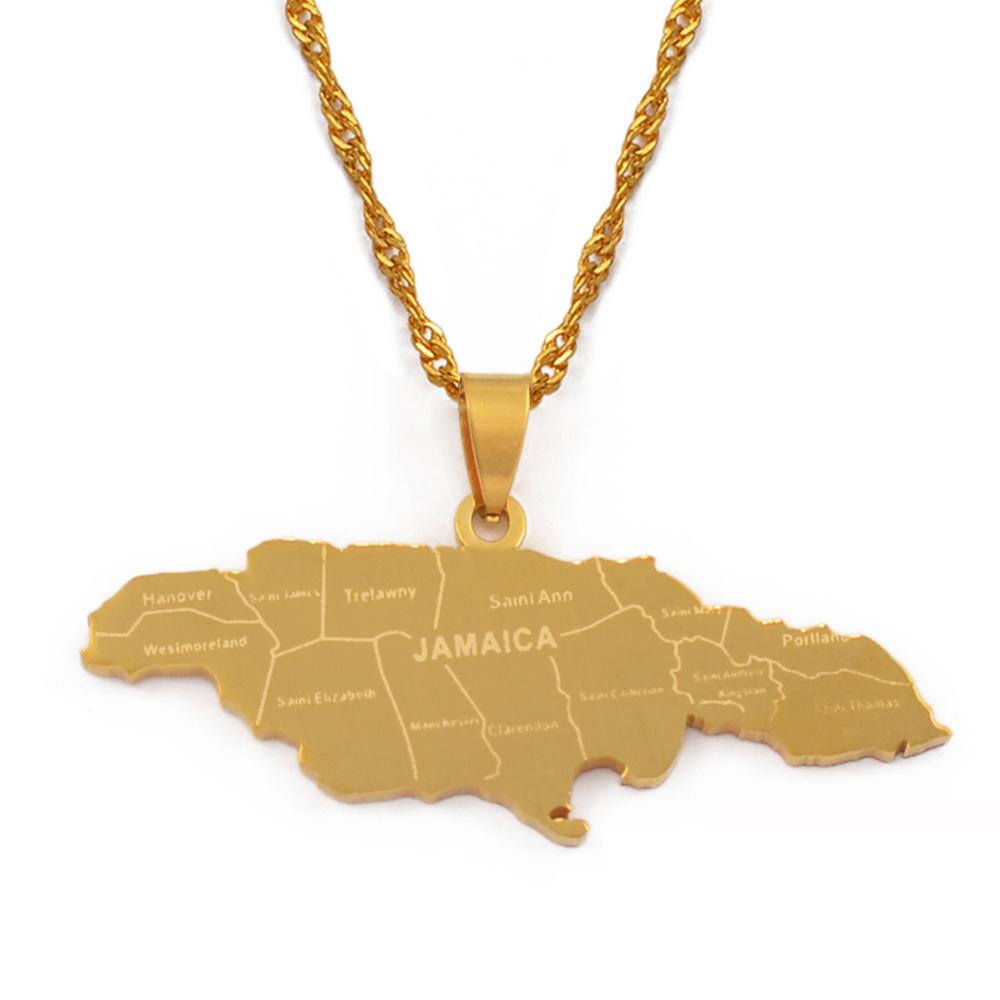 Anniyo Map of Jamaica With City Pendant Necklaces for Women Girls Stainless Steel Jamaica Maps Silver Color/Gold Color #071021