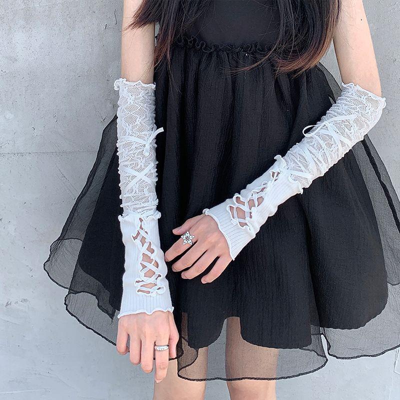 Y2K Ballet Style White Mesh Lace Fingerless Sun Protection Gloves with Tie-Up Sleeves