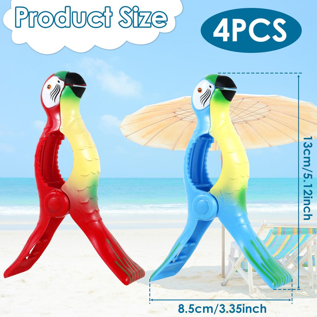 4Pcs Plastic Beach Towels Clips Cute Parrot Chair Towel Clamps Large Drying Racks Retaining Clip for Beach Chair Towel Blankets