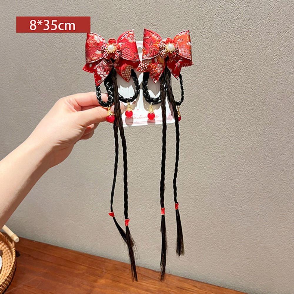 2pcs Chinese Style Children Red Hairclip Tassel Bow Wig Braid Hairpin Princess New Year Headwear