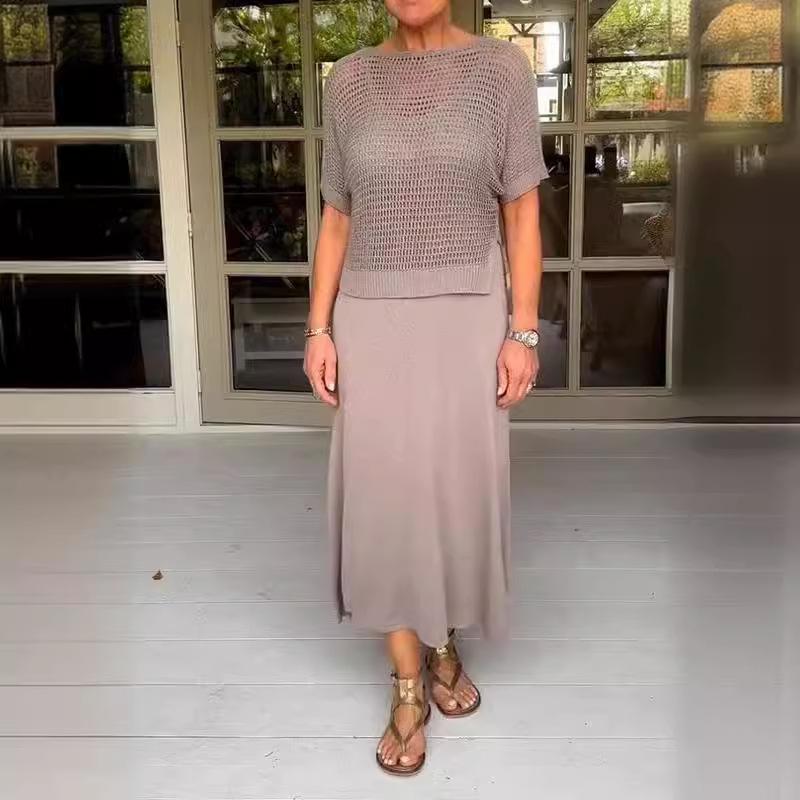 

Комплект платья и вязаной юбки с гравировкой QICED: Повседневный однотонный вязаный свитер-платье с круглым вырезом XXXXXL