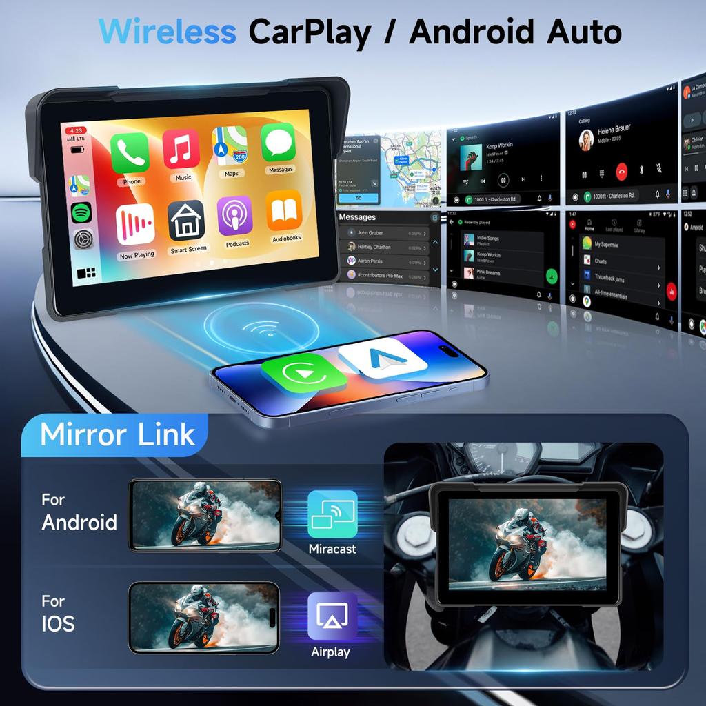 HD Waterproof Touchscreen Motorcycle CarPlay Monitor with Wireless CarPlay Android CarPlay GPS Android Bluetooth and Portable CarPlay Screen for