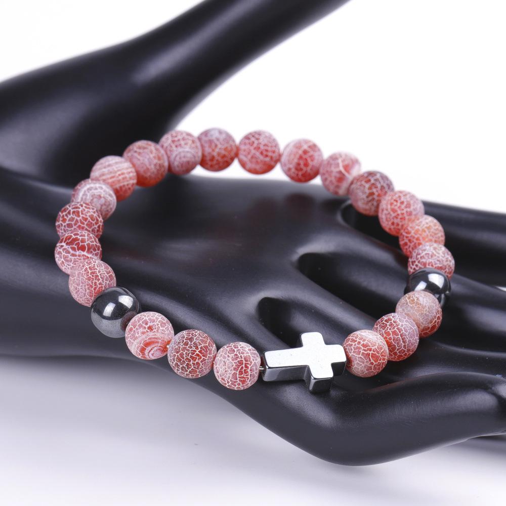Natural Stone Cross Bracelets Colorful Weathering Agate Cross Elastic Rope Bracelet For Men Women Charm Yoga Jewelry