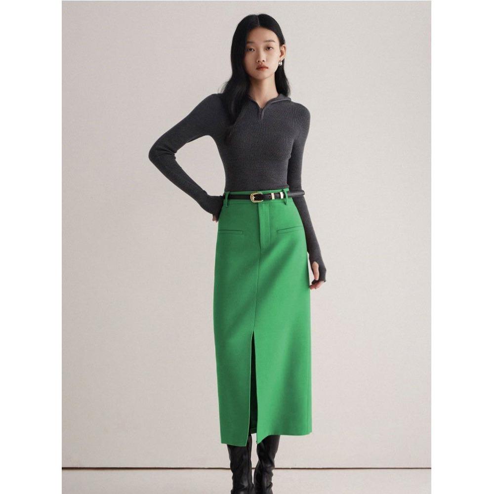 

Модна та струнка спідниця-міді з високою талією та розрізом, елегантний костюм XXXL зелений