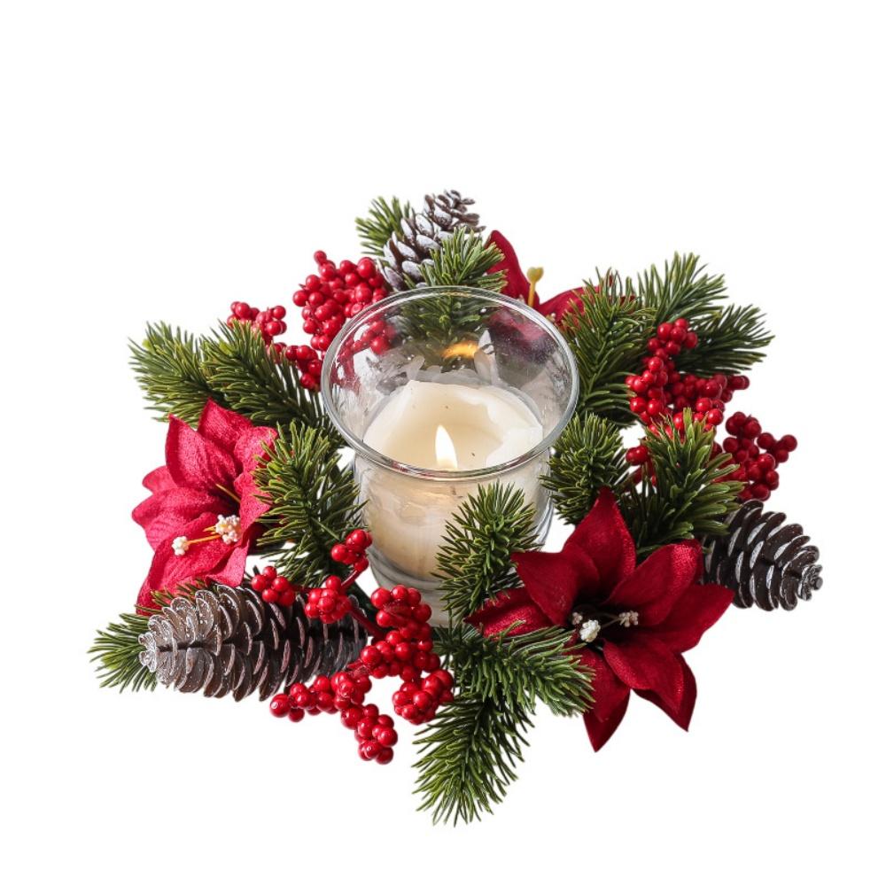 Christmas Wreath Artificial Berries Pinecone Pine Candlestick Wreaths Candle Holder Garland Home Xams Party Table Decoration