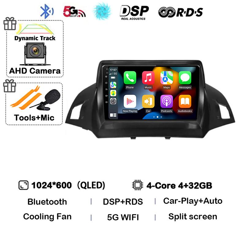 Radio multimedia con Android 14 y Carplay para Ford Kuga Escape 2013, 2014, 2015 y 2016, reproductor de vídeo, GPS, estéreo, 4G, WIFI, unidad principal