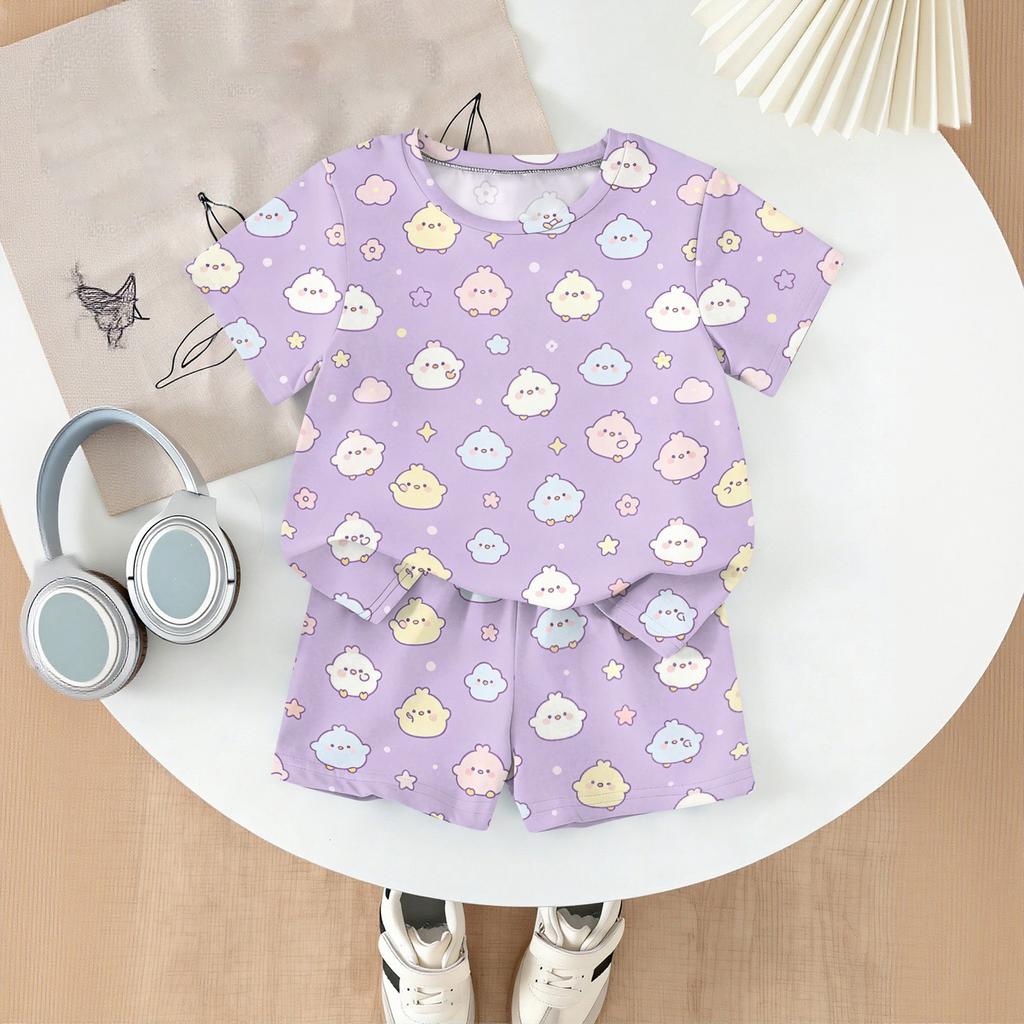 Kids Casual Short Sleeve Top and Shorts Set Lightweight Comfortable Soft Fabric Animal Print Summer Outfit for Boys and Girls