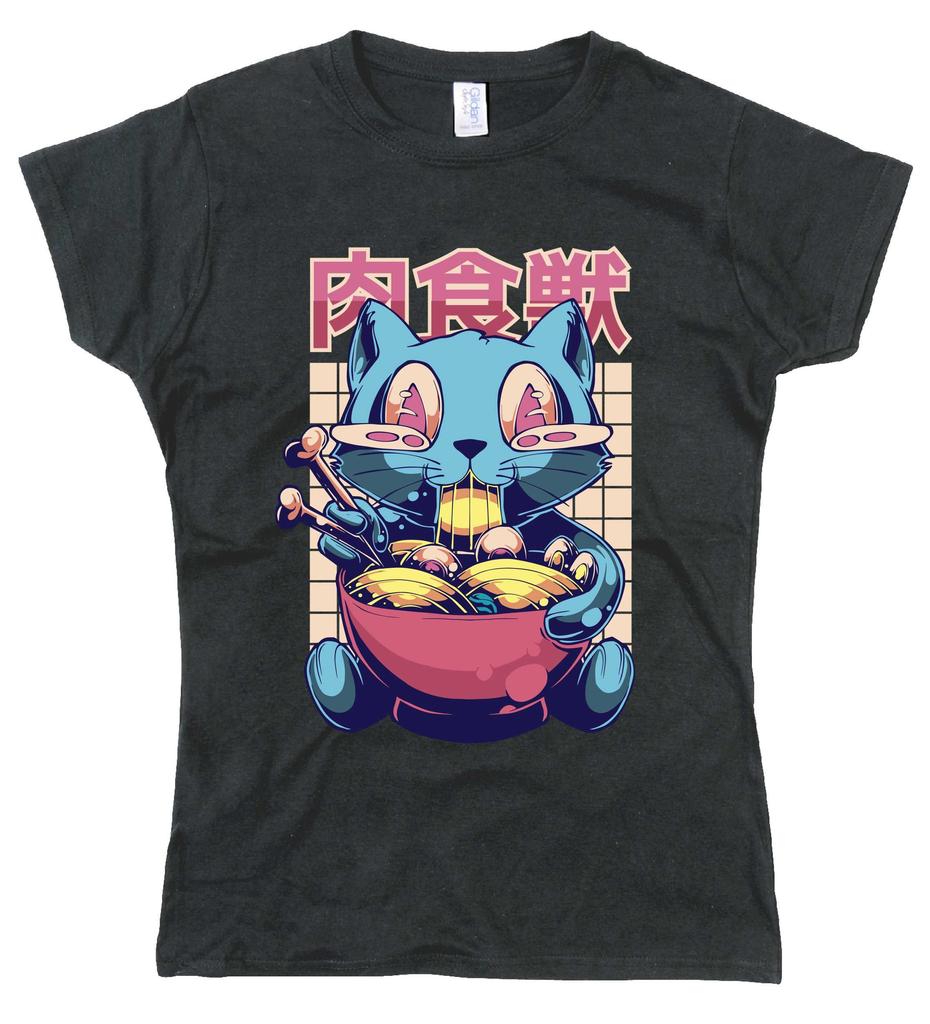 Womens Ramen Cat T-Shirt: Funny Cotton Tee, Anime Style