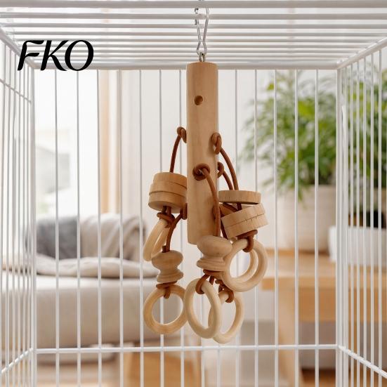 Bird Chew Toy Wood Blocks Parrot Toy, with Wooden Rings, Beak Care Biting Hanging Cage Accessory for Parakeet Conure Cockatiel