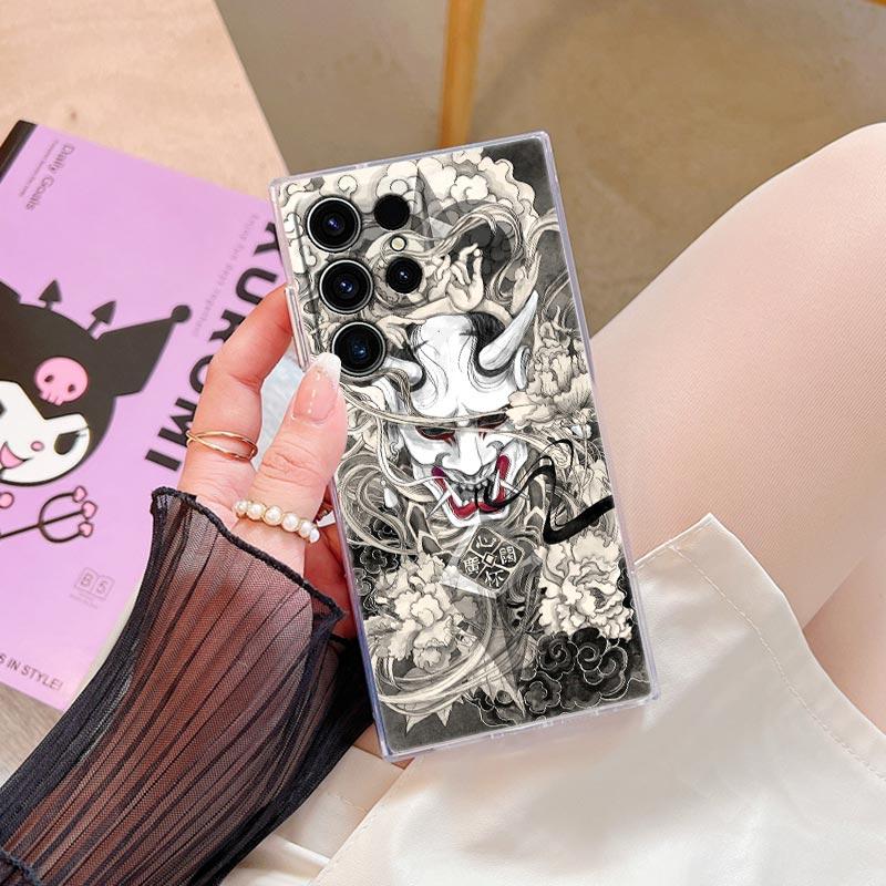 Samurai Hannya Mask Ghost Tattoo Phone Case S25Ultra For Samsung Galaxy S25 S24 S23 S21 Ultra S20 FE S22 Plus A55 5G Clear Cover