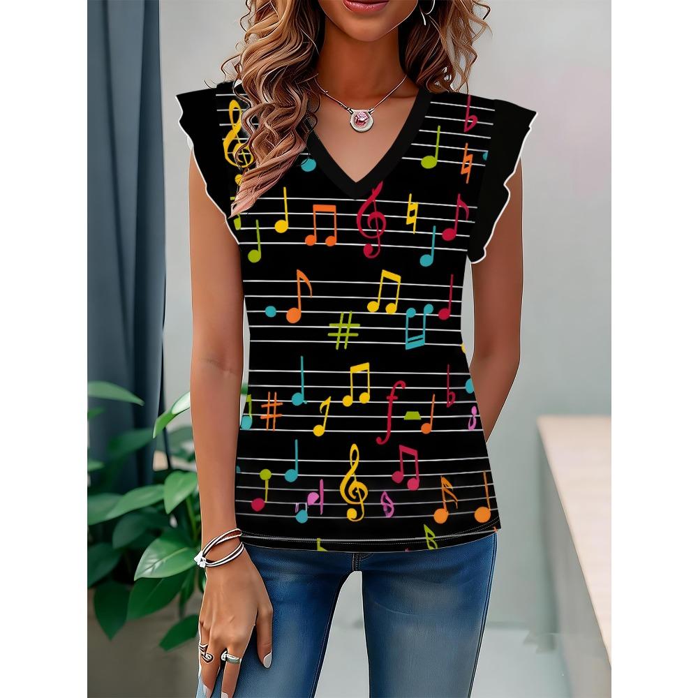 Colorful Musical Note Pattern High-Quality Women S All-Over Print V-Neck Top S