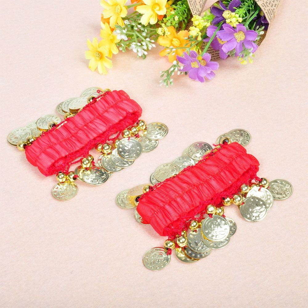 1 Pair Women Gold Coin Chiffon Rattle Bracelet Wristlet Hand Cuff Belly Dance Wrist Bracelets