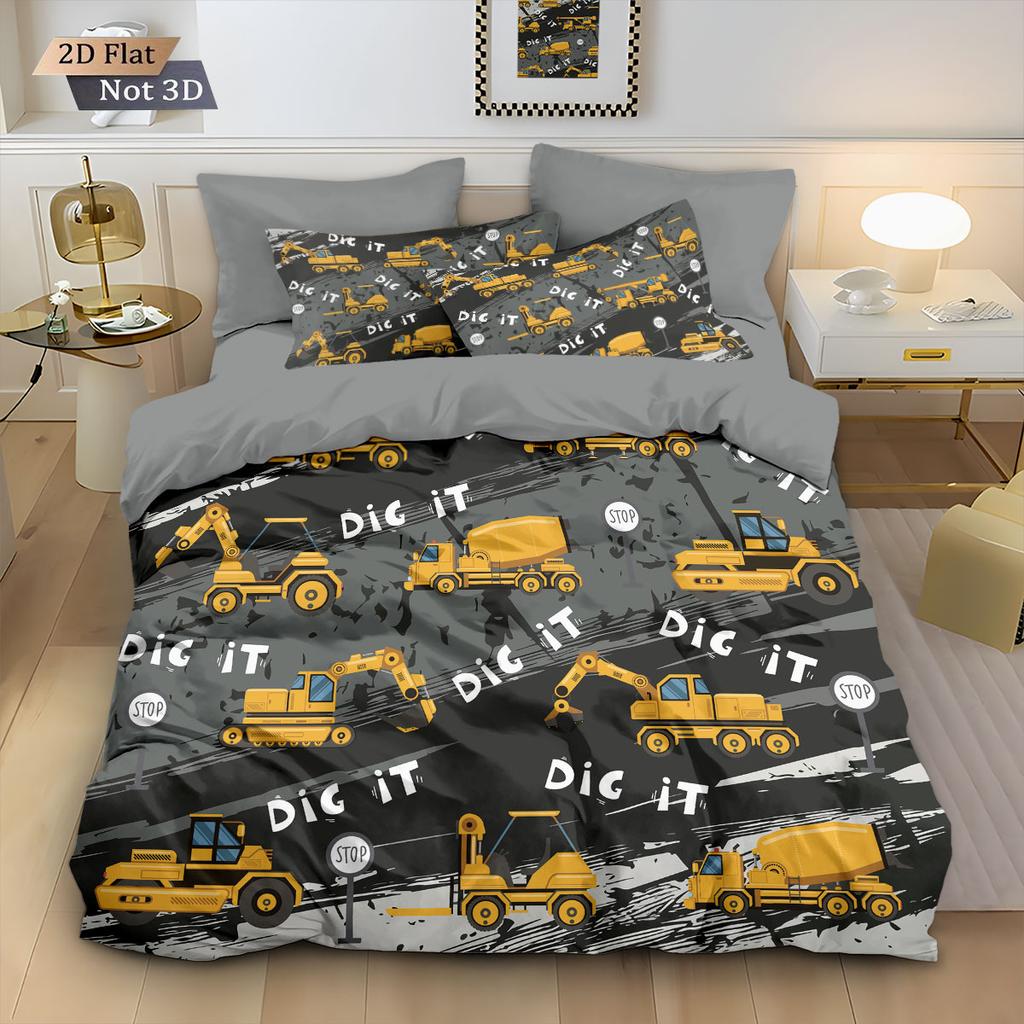 3-teiliges Cartoon-Spielzeug-Bagger-Aufdruck-Daunendeckenbezug-Set, Mehrgrößen-Schlafzimmer-Bettwäsche-Dekoration, Maschinenwaschbar