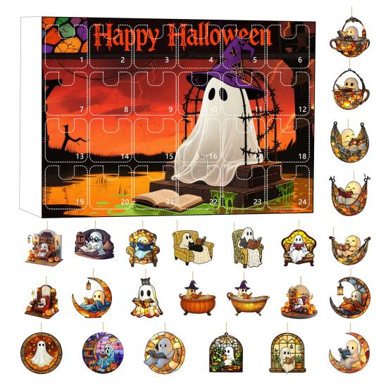2025 Halloween 2D Ghost Reading Ornament Countdown Set 24 Days Advent Calendar Stained Glass Window Hanging Suncatchers for Home Decor