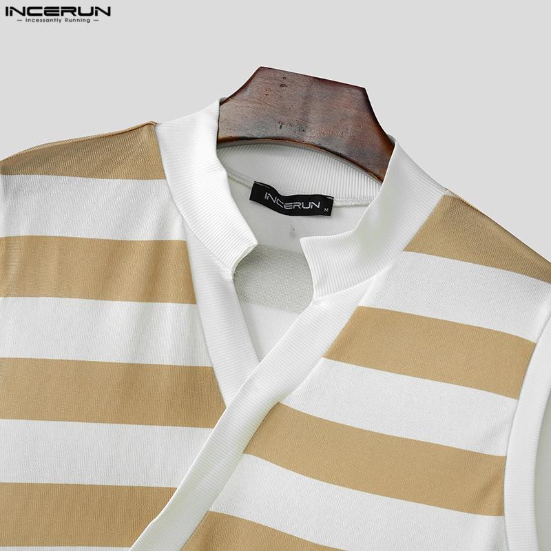 INCERUN Summer Men Stand Collar Sleeveless Striped Print Casual Tank Tops