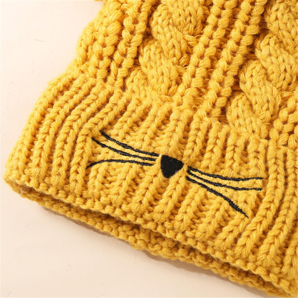 Winter Cartoon Kitten Knitted Hat Kitten Ear Beanies Headwear Hat for Kids Headwear with Embroidered Whisker