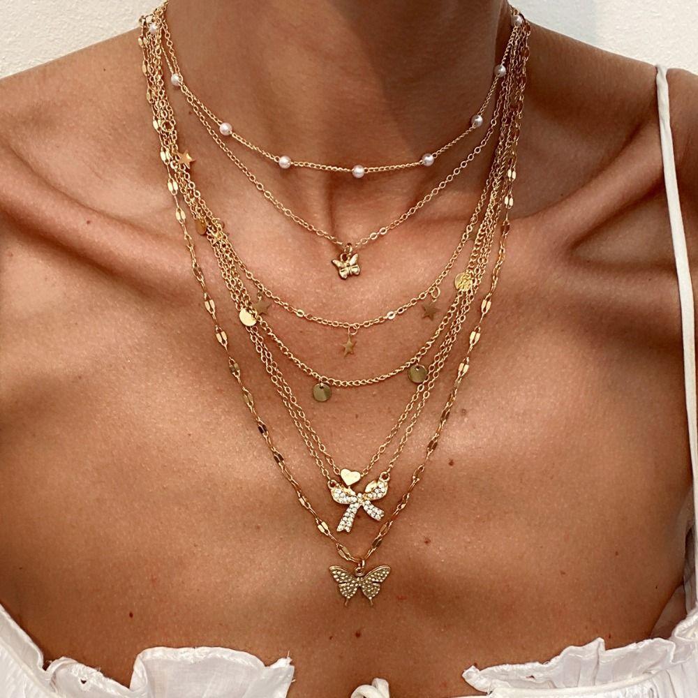 Butterfly Pendant Multilayer Necklace Bohemian Style Metal Choker Clavicle Chain  Jewelry Gifts