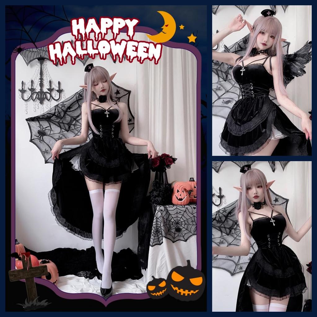 [JUNDOMECY] Witch Devil Cosplay Sexy 6-Piece Set with Feathers and Petticoat, Black and Red, Demon, Vampire, Halloween Costume, Adult Women's, Cute, P