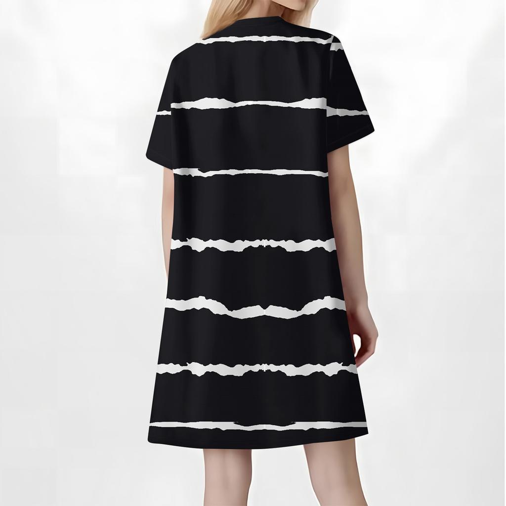 Women Fashion Casual V-neck Short Sleeve Button Stripe Print Dress