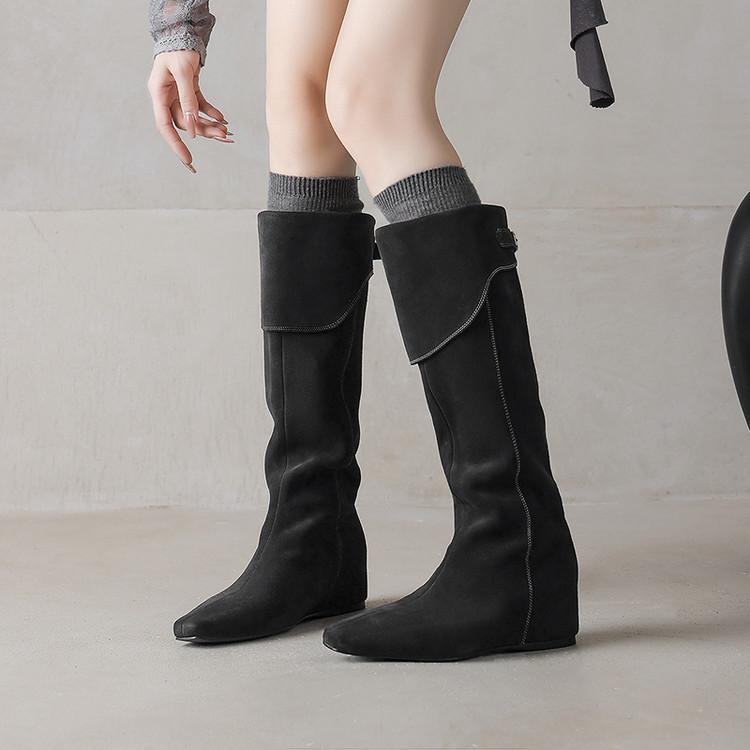 Blogger Wear~ 2025 Suede Square Heel Lapel Western Boots Tall Knight Boots Brown Boots Women