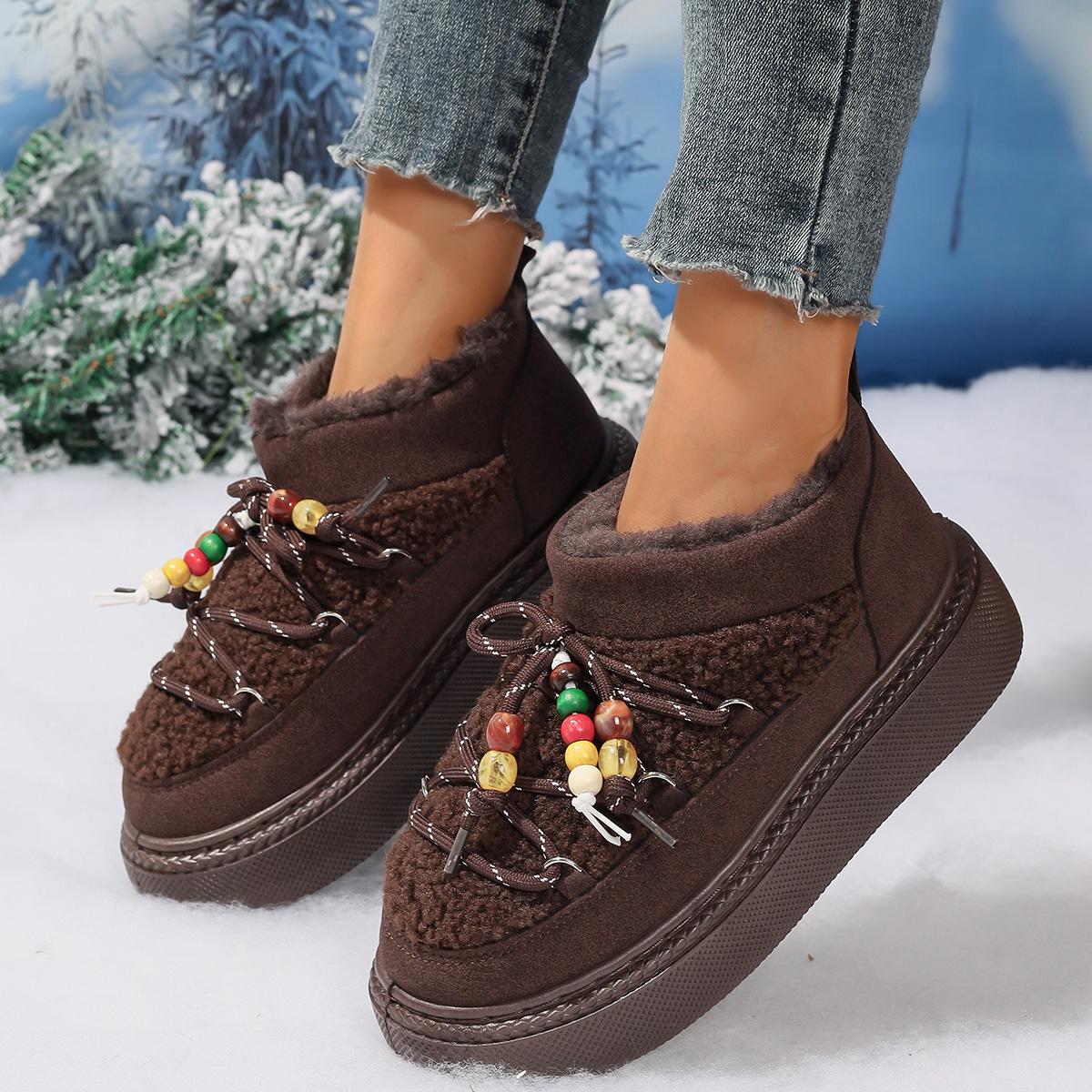 

Casual Short Plush Women s Snow Boots 2025 Winter Bohemia Colored Beads Lace Up Faux Fur Ankle Boots Thick Bottom Furry Shoes 36
