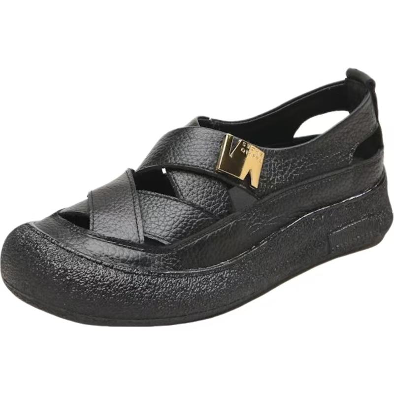 

Женские летние новые сандалии-слипоны из натуральной кожи с вырезами, на плоской подошве, с толстой подошвой, нескользящие, дышащие, с круглым носком, повседневные, пещерного типа 35 чёрный